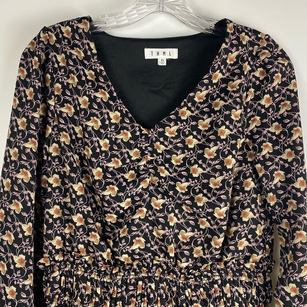 THML Floral Smocked Waist Black Dress Womens Size XS - Picture 4 of 12